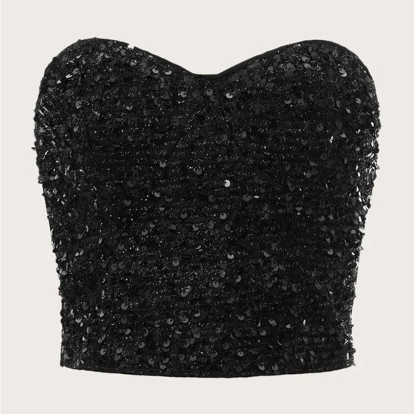 New Shein Bae Zip Back Sequin Tube Top Party Women Black Xs